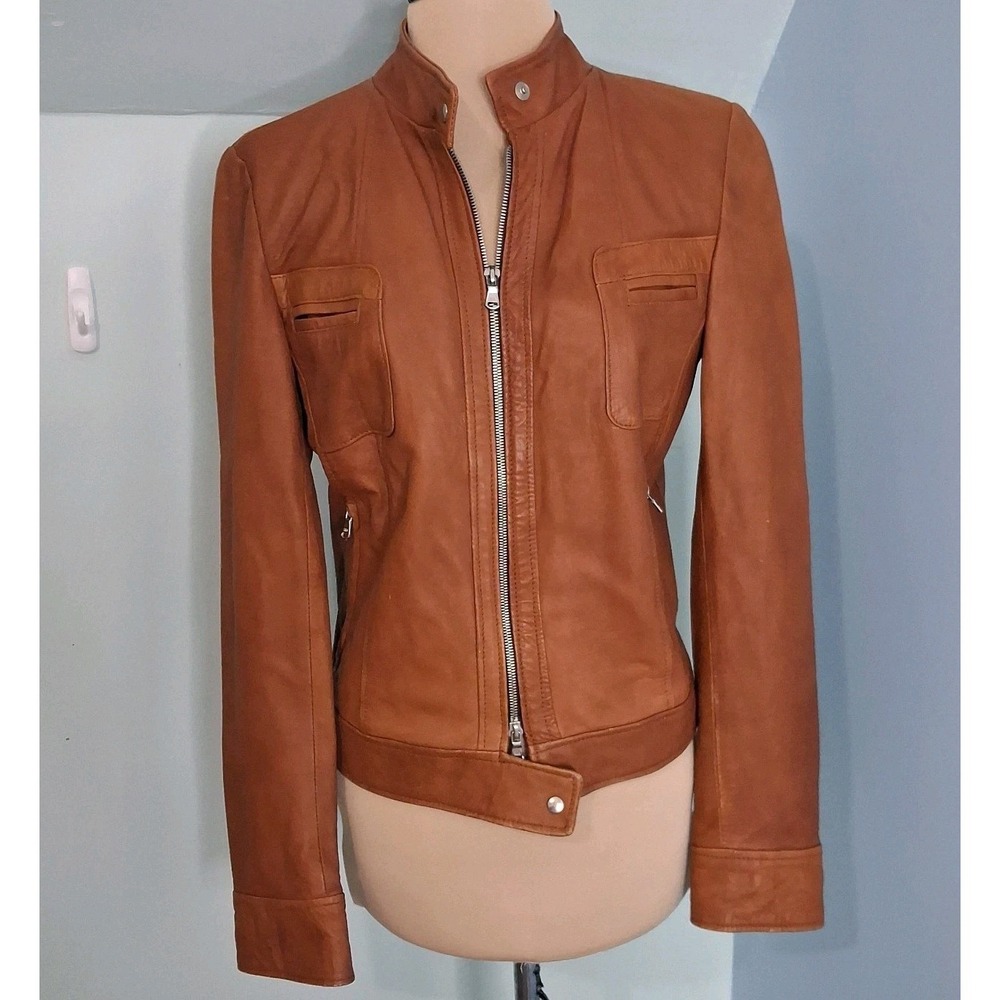 Vera Pelle Italian Leather Moto Jacket Tan Authentic Distressing Sz 46 Or Sm/XS